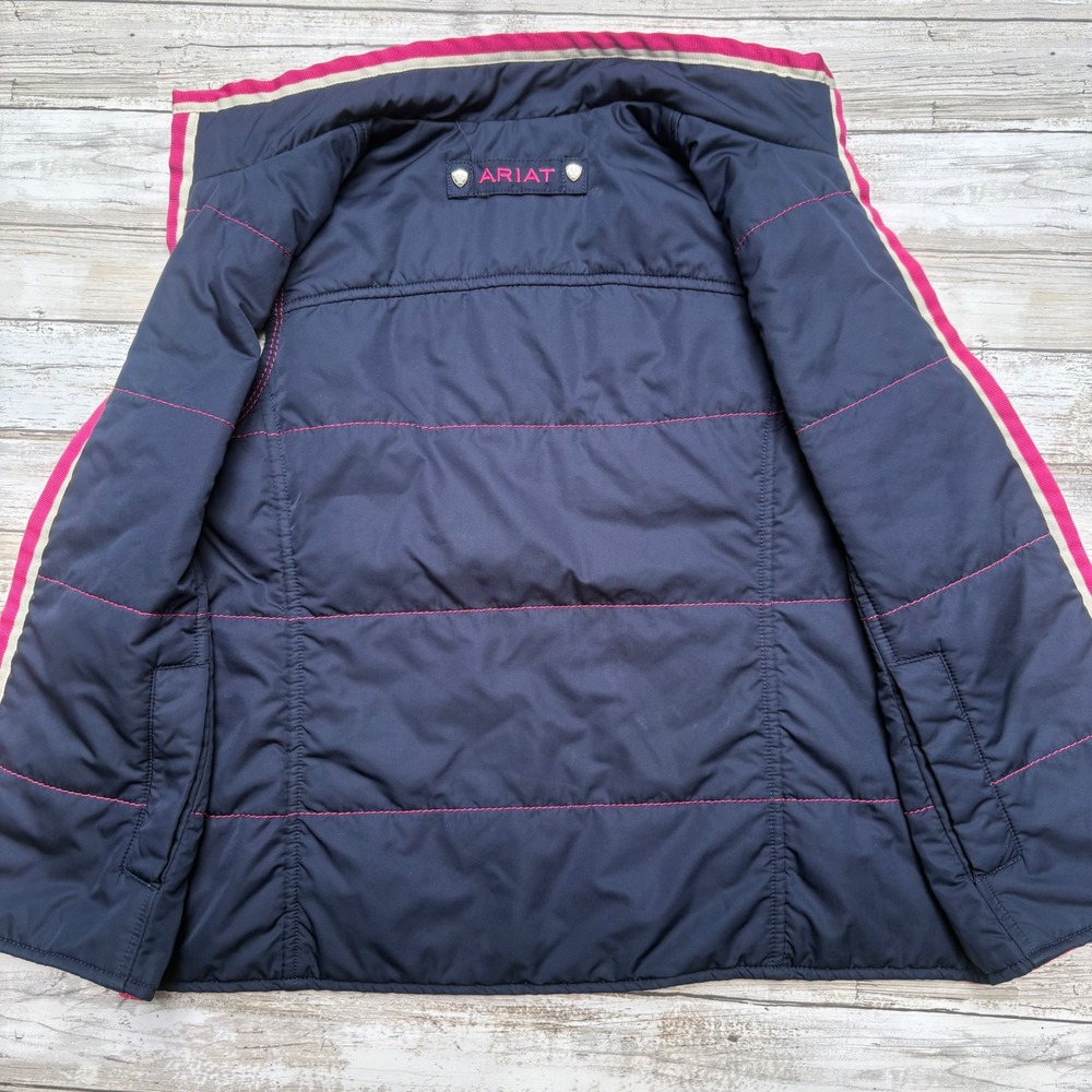 Ariat Puffer Vest Size 8 Pink Gently Used Equestrian Print Quilted Zip Up - Picture 4 of 7